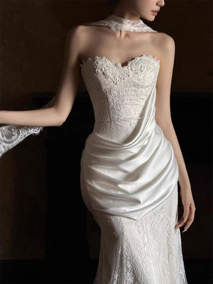 Strapless Shirred A-Line Lace Wedding Gown
