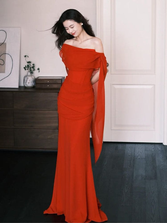 Off-Shoulder Open Back Shirred Mermaid Evening Gown