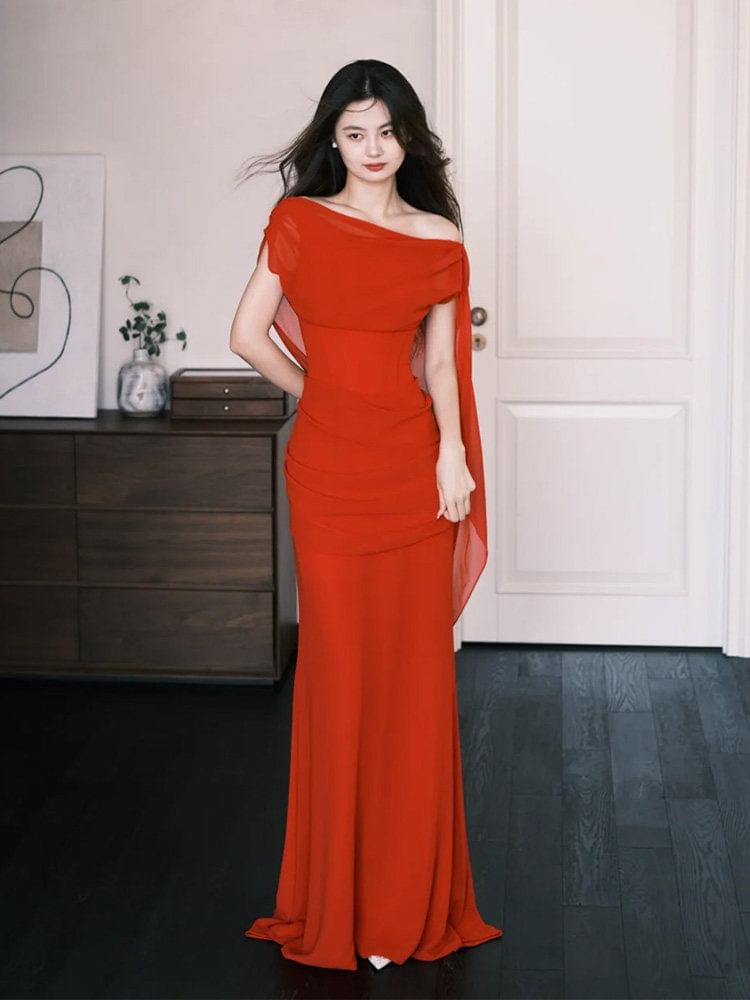 Off-Shoulder Open Back Shirred Mermaid Evening Gown