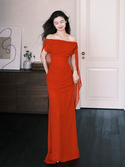 Off-Shoulder Open Back Shirred Mermaid Evening Gown