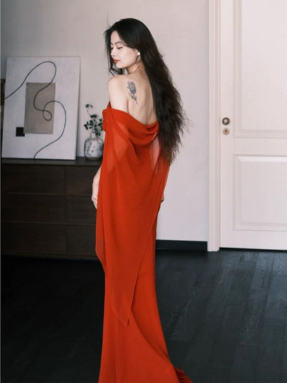 Off-Shoulder Open Back Shirred Mermaid Evening Gown