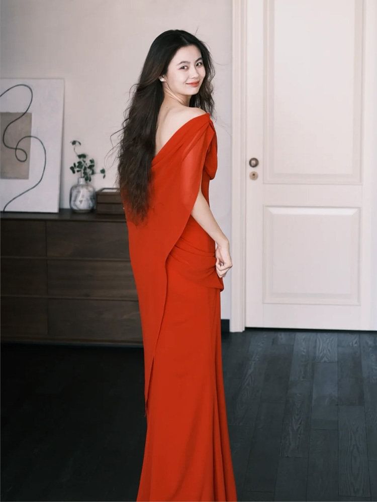 Off-Shoulder Open Back Shirred Mermaid Evening Gown