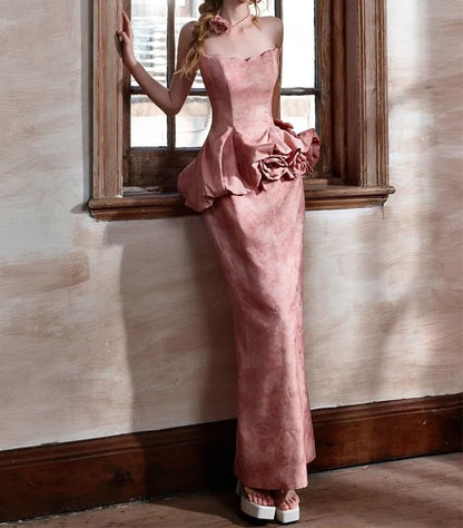 Strapless Floral Peplum Mermaid Evening Gown