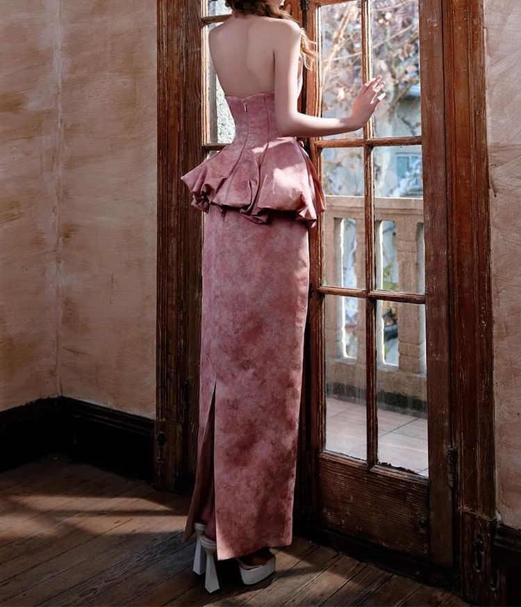Strapless Floral Peplum Mermaid Evening Gown