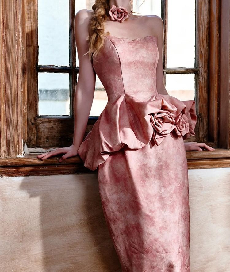 Strapless Floral Peplum Mermaid Evening Gown