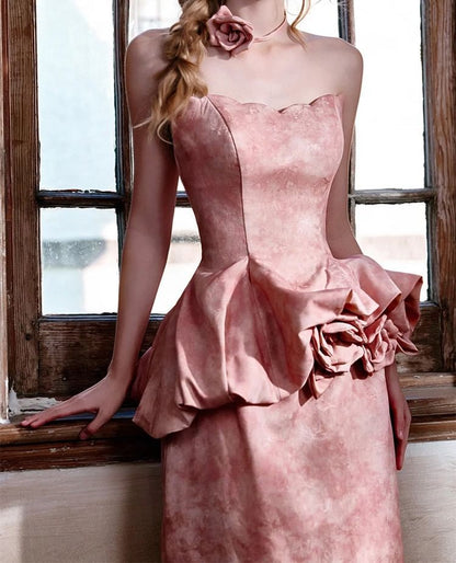 Strapless Floral Peplum Mermaid Evening Gown