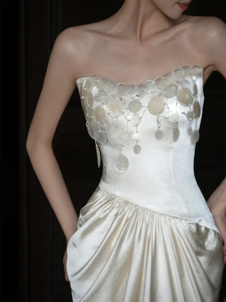 Strapless Sequin Dangle Satin Mermaid Satin Wedding Gown