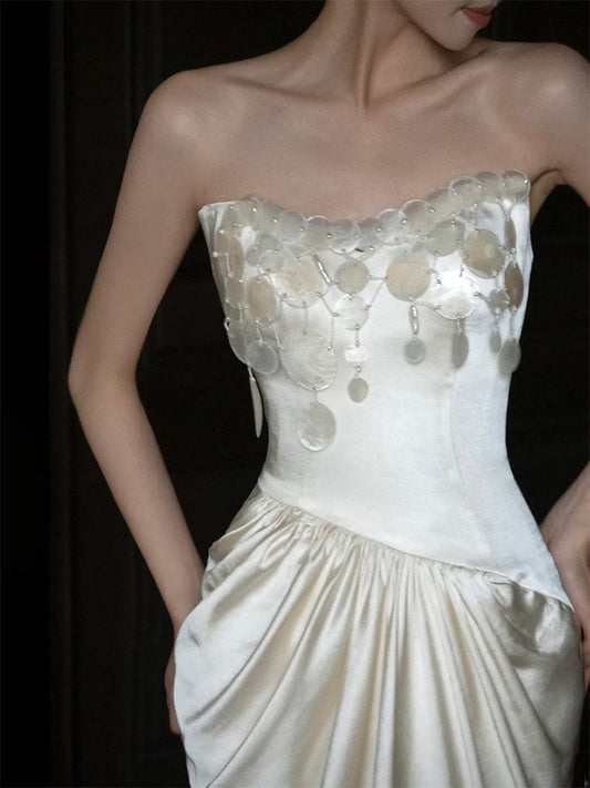 Strapless Sequin Dangle Satin Mermaid Satin Wedding Gown