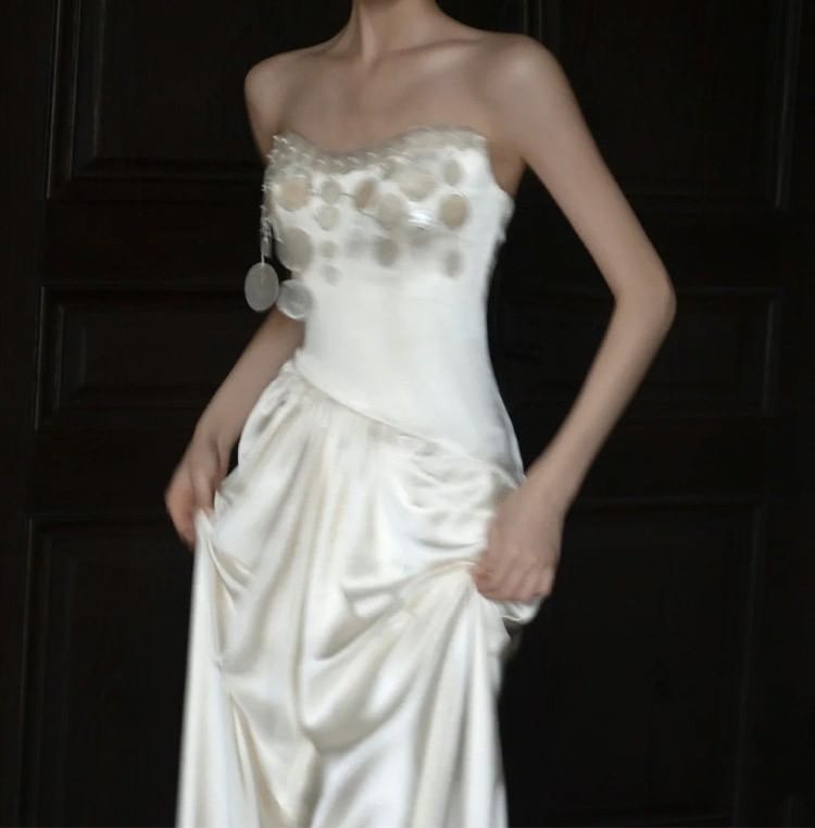 Strapless Sequin Dangle Satin Mermaid Satin Wedding Gown