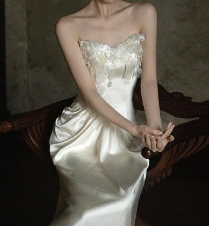 Strapless Sequin Dangle Satin Mermaid Satin Wedding Gown