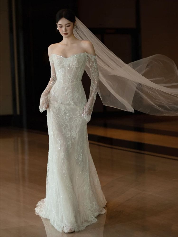 Off-Shoulder Long-Sleeve Mermaid Lace Wedding Gown