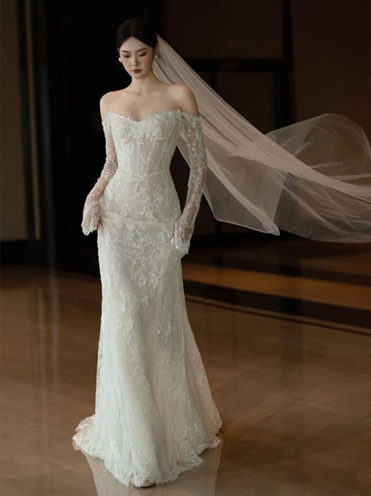 Off-Shoulder Long-Sleeve Mermaid Lace Wedding Gown