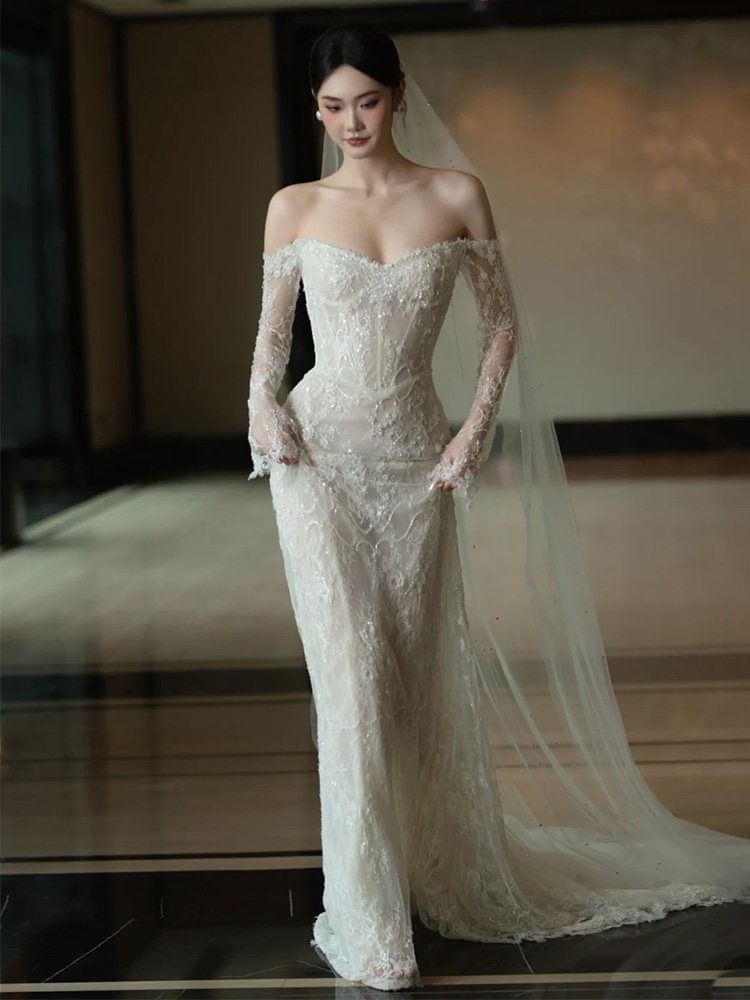 Off-Shoulder Long-Sleeve Mermaid Lace Wedding Gown
