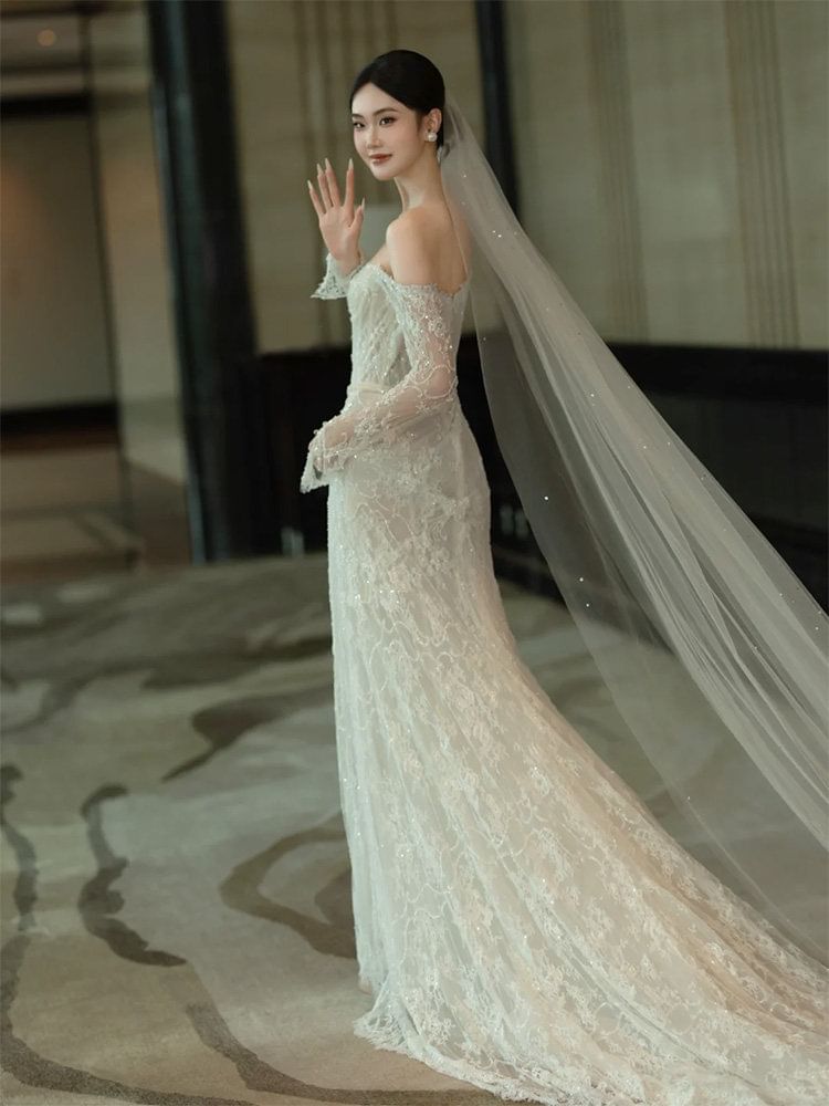 Off-Shoulder Long-Sleeve Mermaid Lace Wedding Gown