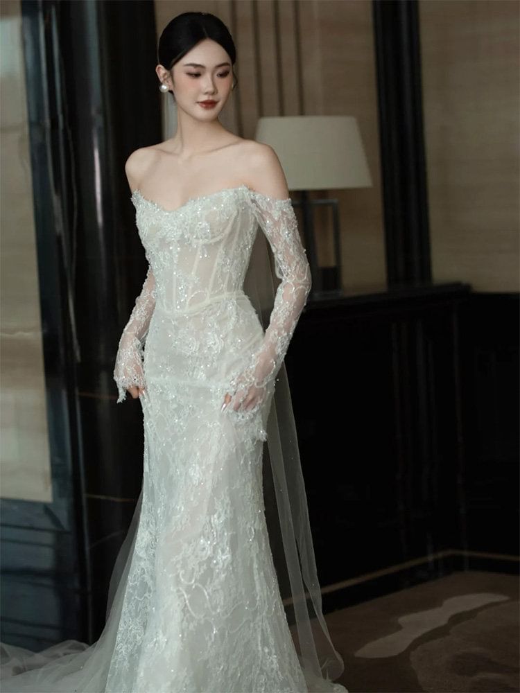 Off-Shoulder Long-Sleeve Mermaid Lace Wedding Gown