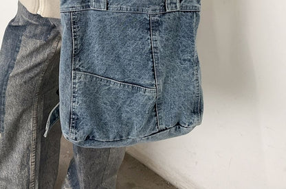 Washed Panel Denim Backpack Tote