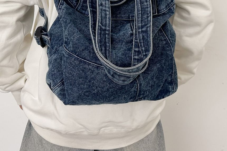 Washed Panel Denim Backpack Tote