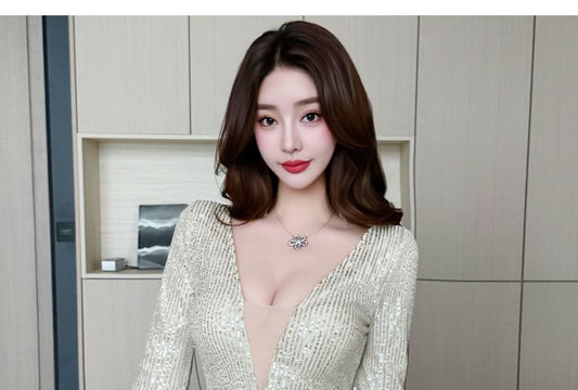 Long-Sleeve Deep Plunge Sequin Mermaid Evening Dress