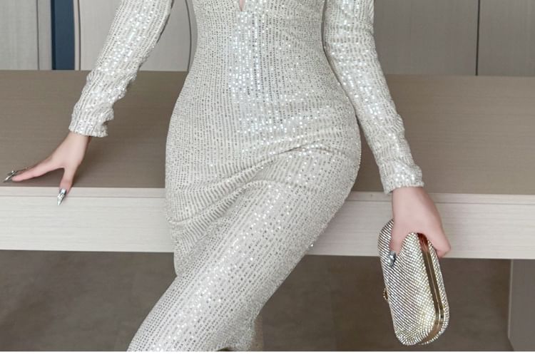 Long-Sleeve Deep Plunge Sequin Mermaid Evening Dress