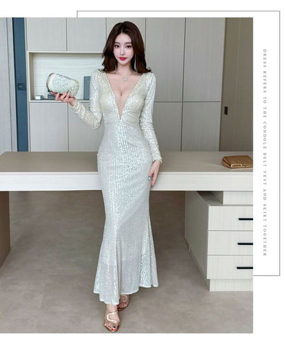 Long-Sleeve Deep Plunge Sequin Mermaid Evening Dress