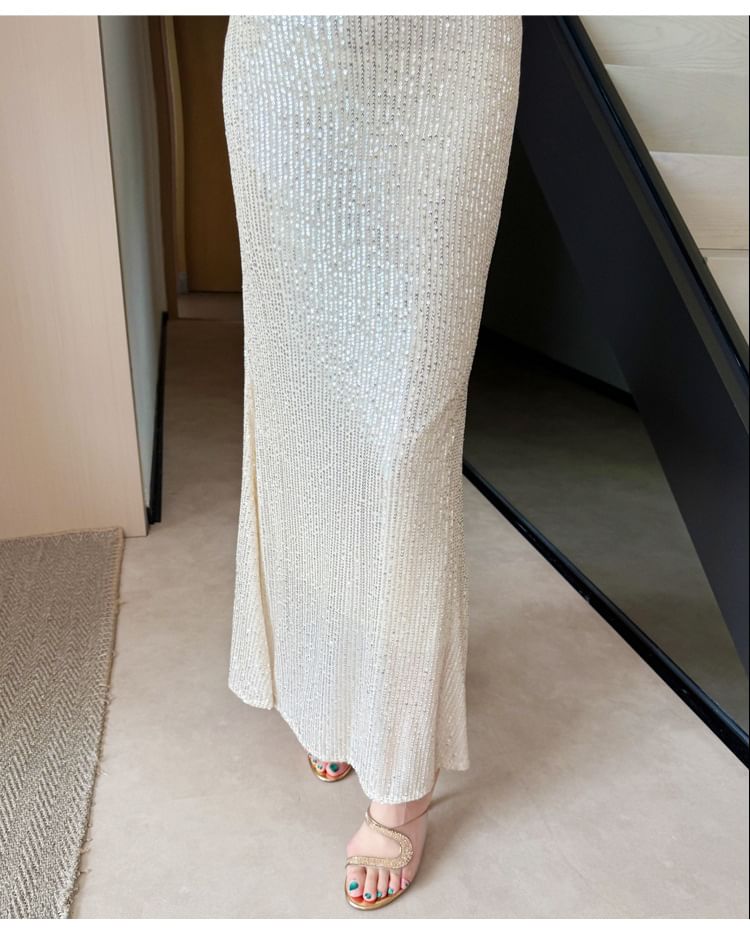 Long-Sleeve Deep Plunge Sequin Mermaid Evening Dress