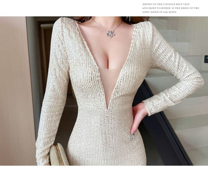 Long-Sleeve Deep Plunge Sequin Mermaid Evening Dress