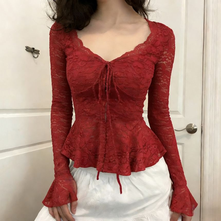 Peplum Lace Crop Top with Long Sleeves and V-Neck