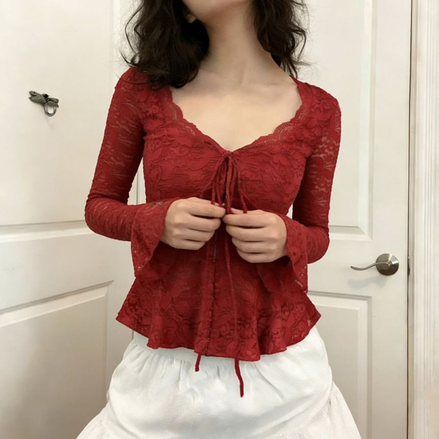 Peplum Lace Crop Top with Long Sleeves and V-Neck