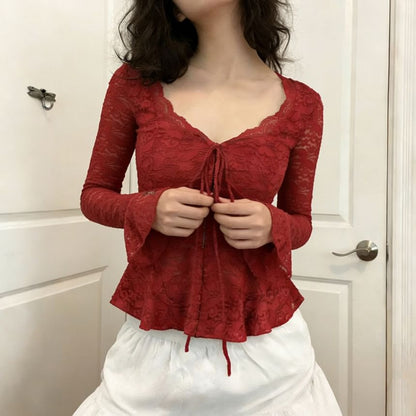 Peplum Lace Crop Top with Long Sleeves and V-Neck