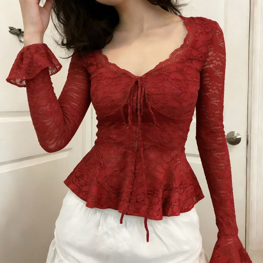 Peplum Lace Crop Top with Long Sleeves and V-Neck