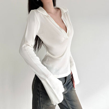 Sheer Deep Plunge Collared Long-Sleeve Tee