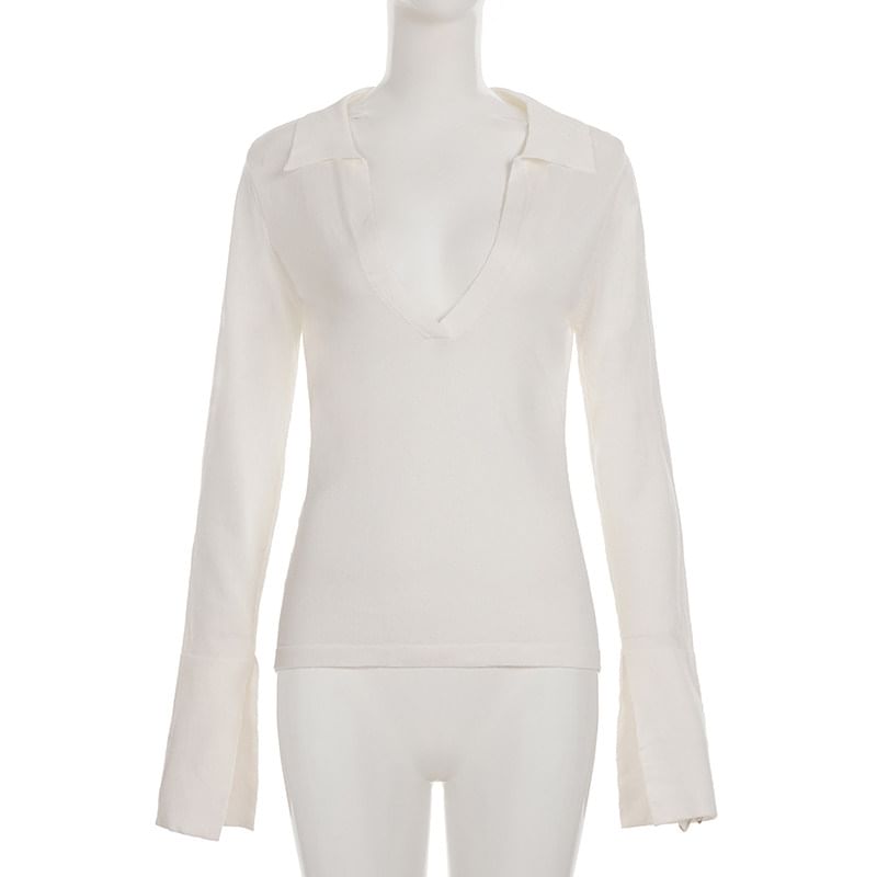 Sheer Deep Plunge Collared Long-Sleeve Tee