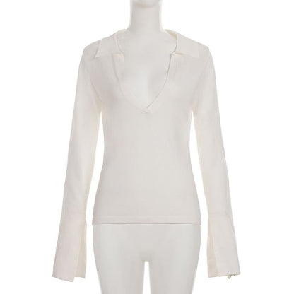 Sheer Deep Plunge Collared Long-Sleeve Tee