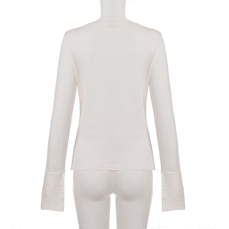 Sheer Deep Plunge Collared Long-Sleeve Tee