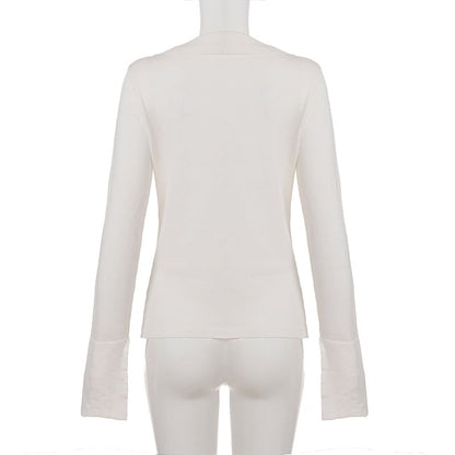 Sheer Deep Plunge Collared Long-Sleeve Tee