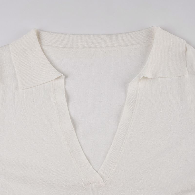 Sheer Deep Plunge Collared Long-Sleeve Tee