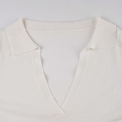 Sheer Deep Plunge Collared Long-Sleeve Tee