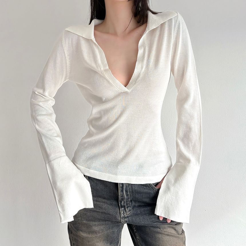 Sheer Deep Plunge Collared Long-Sleeve Tee