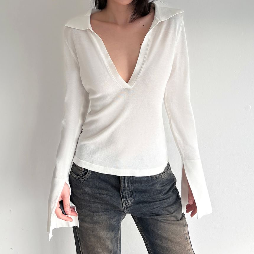 Sheer Deep Plunge Collared Long-Sleeve Tee