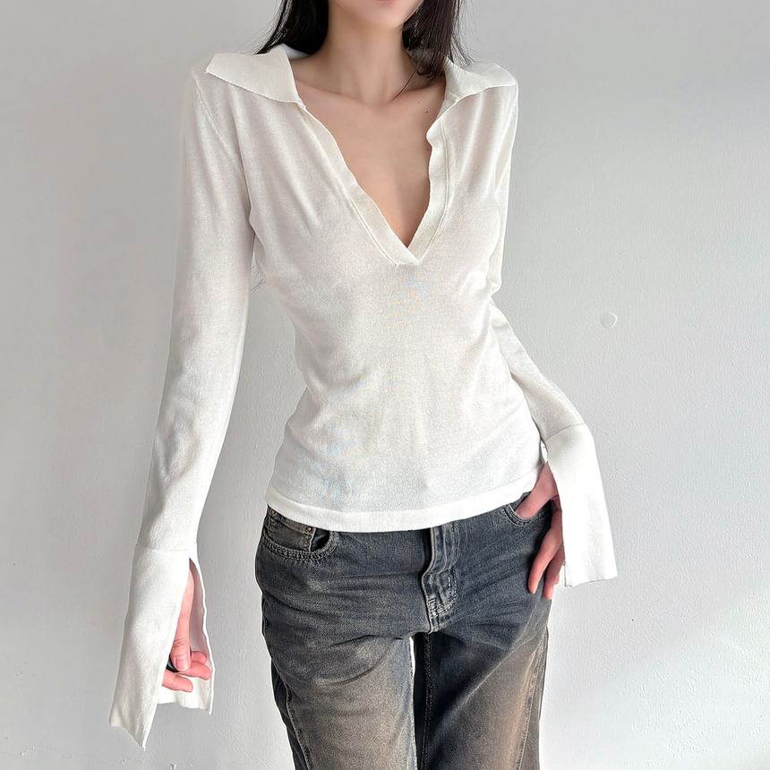 Sheer Deep Plunge Collared Long-Sleeve Tee