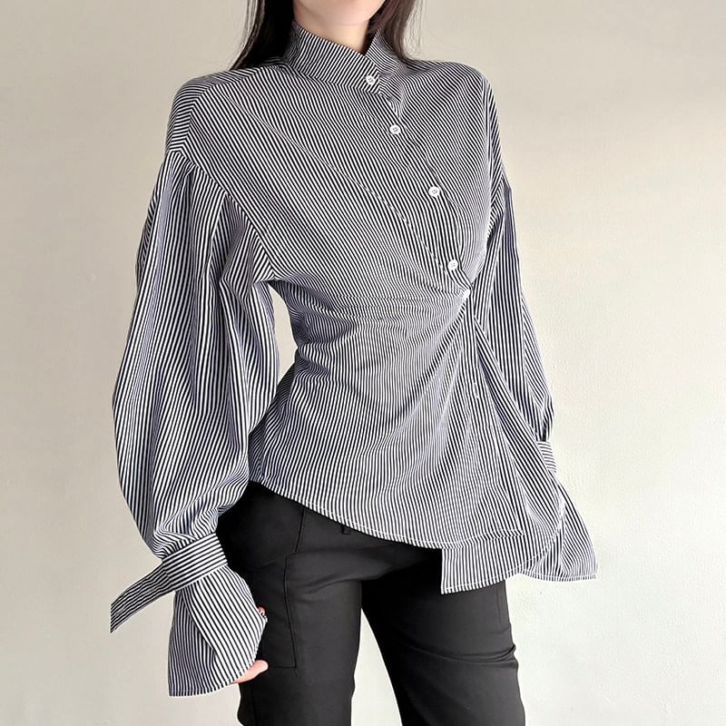 Asymmetrical Bengal Striped Collared Long-Sleeve Blouse