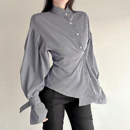 Asymmetrical Bengal Striped Collared Long-Sleeve Blouse