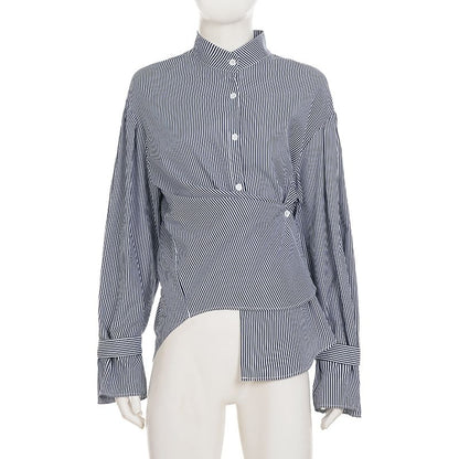 Asymmetrical Bengal Striped Collared Long-Sleeve Blouse