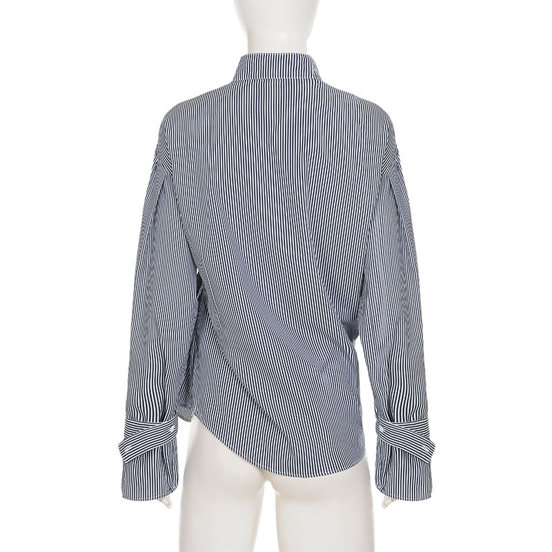 Asymmetrical Bengal Striped Collared Long-Sleeve Blouse