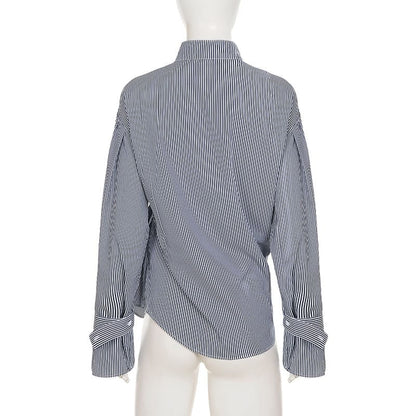 Asymmetrical Bengal Striped Collared Long-Sleeve Blouse