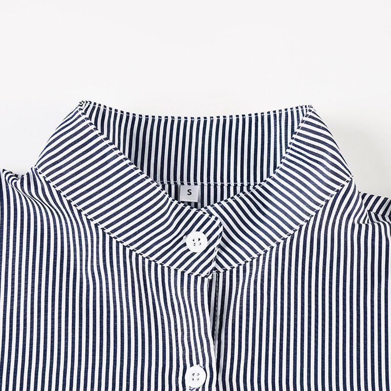 Asymmetrical Bengal Striped Collared Long-Sleeve Blouse