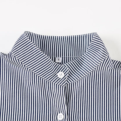 Asymmetrical Bengal Striped Collared Long-Sleeve Blouse