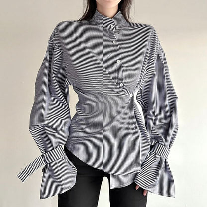 Asymmetrical Bengal Striped Collared Long-Sleeve Blouse