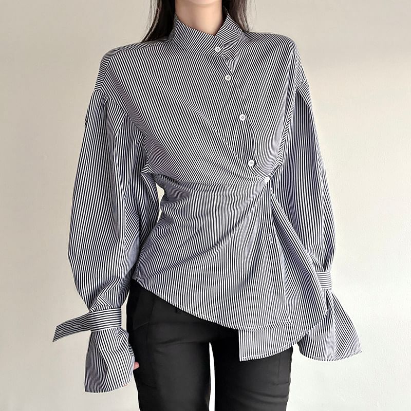 Asymmetrical Bengal Striped Collared Long-Sleeve Blouse