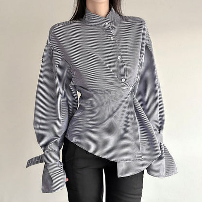 Asymmetrical Bengal Striped Collared Long-Sleeve Blouse